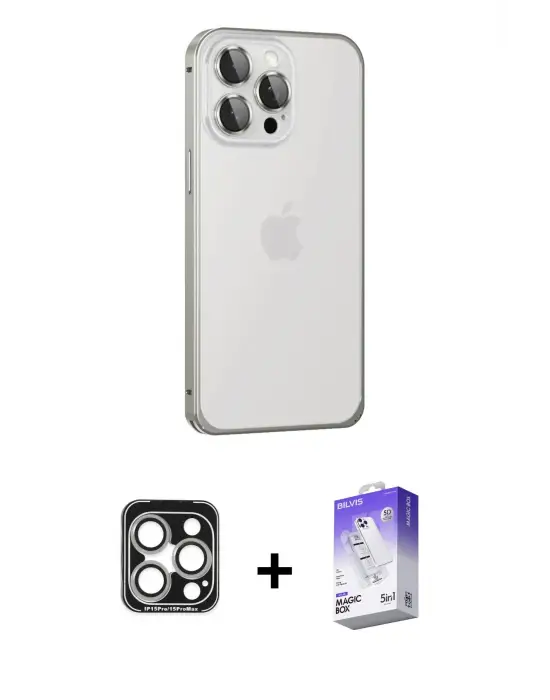 ieg™ iPhone 15 Pro Max Kılıf Eksen Form Serisi - Siyah Bilvis 5in1 3D Magic Cam Ekran Koruyucu + PVD Metal Kamera Lens - GS