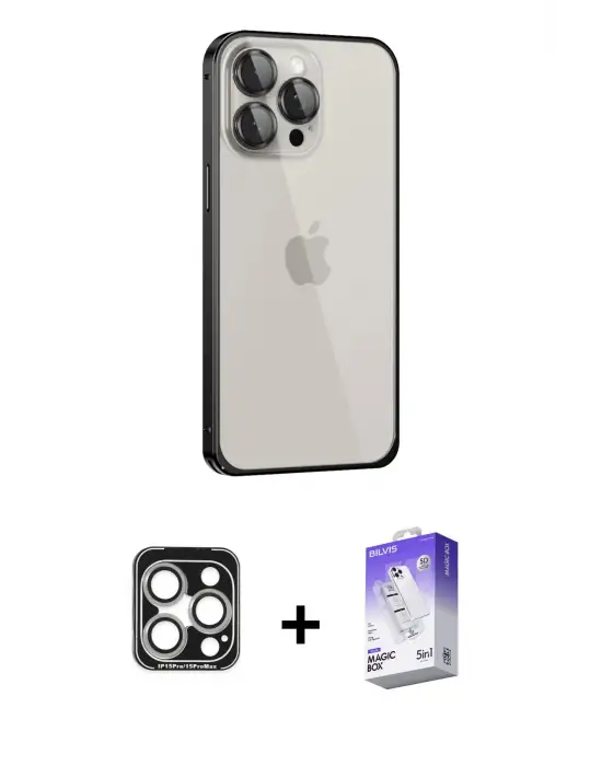 ieg™ iPhone 15 Pro Max Kılıf Eksen Form Serisi - Siyah Bilvis 5in1 3D Magic Cam Ekran Koruyucu + PVD Metal Kamera Lens - GS