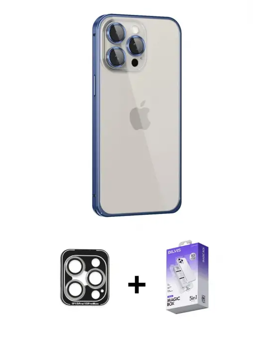 ieg™ iPhone 15 Pro Max Kılıf Eksen Form Serisi - Siyah Bilvis 5in1 3D Magic Cam Ekran Koruyucu + PVD Metal Kamera Lens - GS