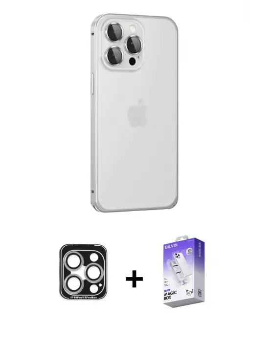 ieg™ iPhone 15 Pro Max Kılıf Eksen Form Serisi - Siyah Bilvis 5in1 3D Magic Cam Ekran Koruyucu + PVD Metal Kamera Lens - GS