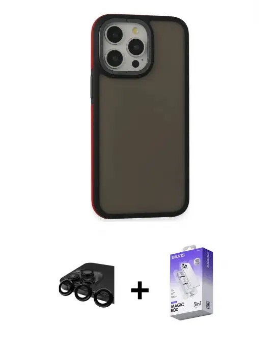 ieg™ iPhone 15 Pro Max Kılıf Eksen Işık - Siyah Bilvis 5in1 3D Magic Cam Ekran Koruyucu + Raze Metal Kamera Lens - SH