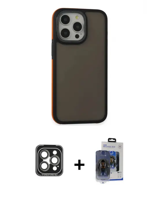 ieg™ iPhone 15 Pro Max Kılıf Eksen Işık - Siyah Vanessa Magic Cam + PVD Metal Kamera Lens - GI