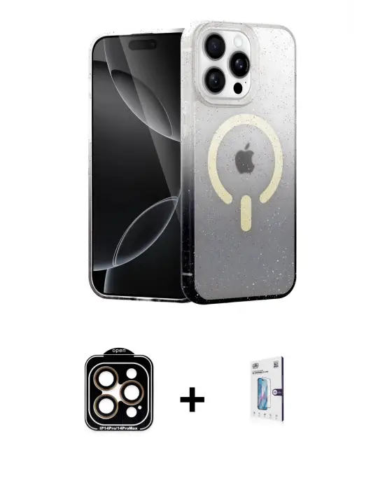 ieg™ iPhone 15 Pro Max Kılıf Eksen Minimal Özel Seri - Siyah Bilvis 0.18mm Plus Cam Ekran Koruyucu + PVD Metal Kamera Lens - TU