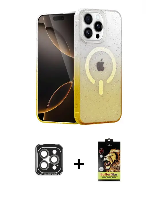ieg™ iPhone 15 Pro Max Kılıf Eksen Minimal Özel Seri - Siyah Buffer Cam Ekran Koruyucu + PVD Metal Kamera Lens - GI