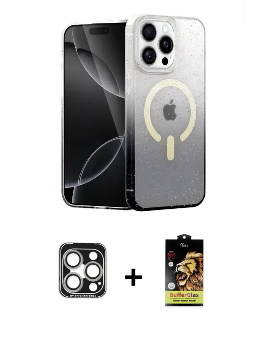 ieg™ iPhone 15 Pro Max Kılıf Eksen Minimal Özel Seri - Siyah Buffer Cam Ekran Koruyucu + PVD Metal Kamera Lens - GS
