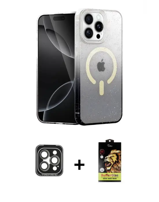 ieg™ iPhone 15 Pro Max Kılıf Eksen Minimal Özel Seri - Siyah Buffer Cam Ekran Koruyucu + PVD Metal Kamera Lens - GI