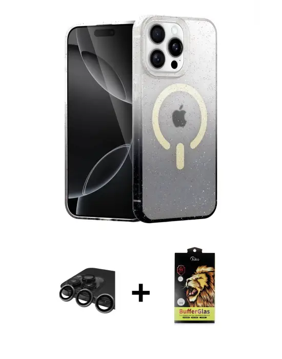 ieg™ iPhone 15 Pro Max Kılıf Eksen Minimal Özel Seri - Siyah Buffer Cam Ekran Koruyucu + Raze Metal Kamera Lens - TMGI