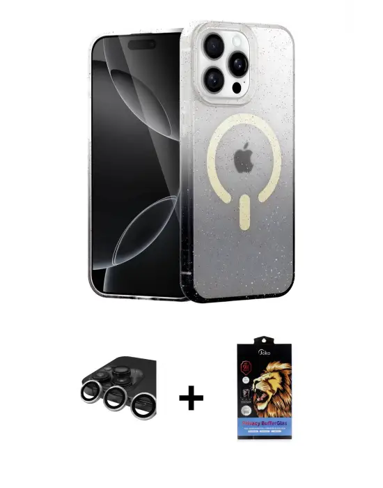 ieg™ iPhone 15 Pro Max Kılıf Eksen Minimal Özel Seri - Siyah Buffer Hayalet Cam Ekran Koruyucu + Raze Metal Kamera Lens - GS