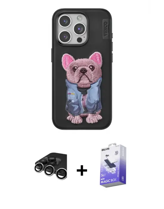 ieg™ iPhone 15 Pro Max Kılıf İz Minimal Koleksiyonu - Siyah Bilvis 5in1 5D Magic Hayalet Cam Ekran Koruyucu + Raze Metal Kamera Lens - GS