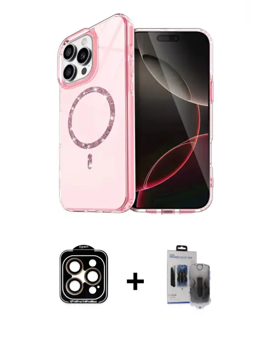 ieg™ iPhone 15 Pro Max Kılıf Kıvılcım Form Prime - Siyah Vanessa Magic Hayalet Cam + PVD Metal Kamera Lens - TU