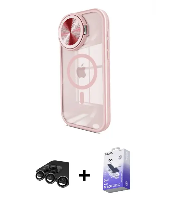 ieg™ iPhone 15 Pro Max Kılıf Kıvılcım Modern Koleksiyonu - Siyah Bilvis 5in1 5D Magic Hayalet Cam Ekran Koruyucu + Raze Metal Kamera Lens - TMGI