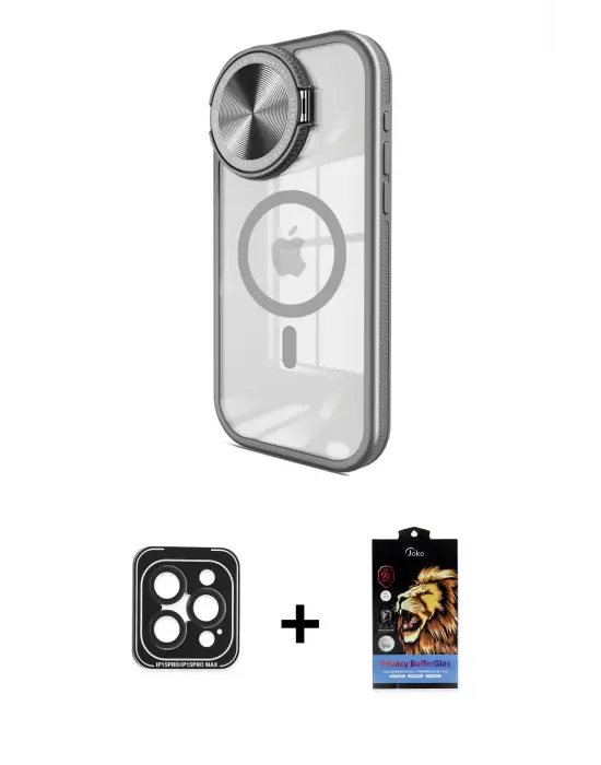ieg™ iPhone 15 Pro Max Kılıf Kıvılcım Modern Koleksiyonu - Siyah Buffer Hayalet Cam Ekran Koruyucu + PVD Metal Kamera Lens - SH