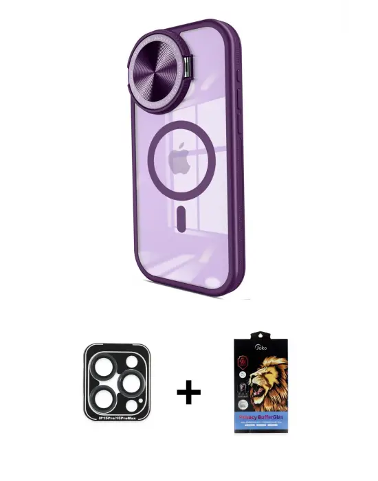 ieg™ iPhone 15 Pro Max Kılıf Kıvılcım Modern Koleksiyonu - Siyah Buffer Hayalet Cam Ekran Koruyucu + PVD Metal Kamera Lens - LT