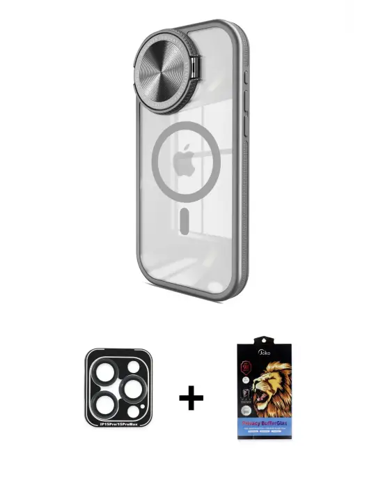 ieg™ iPhone 15 Pro Max Kılıf Kıvılcım Modern Koleksiyonu - Siyah Buffer Hayalet Cam Ekran Koruyucu + PVD Metal Kamera Lens - LT
