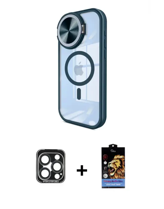 ieg™ iPhone 15 Pro Max Kılıf Kıvılcım Modern Koleksiyonu - Siyah Buffer Hayalet Cam Ekran Koruyucu + PVD Metal Kamera Lens - LT