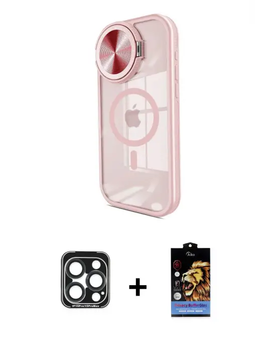 ieg™ iPhone 15 Pro Max Kılıf Kıvılcım Modern Koleksiyonu - Siyah Buffer Hayalet Cam Ekran Koruyucu + PVD Metal Kamera Lens - LT