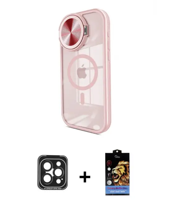ieg™ iPhone 15 Pro Max Kılıf Kıvılcım Modern Koleksiyonu - Siyah Buffer Hayalet Cam Ekran Koruyucu + PVD Metal Kamera Lens - SH
