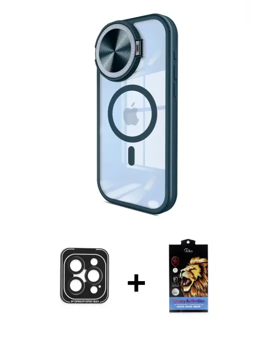 ieg™ iPhone 15 Pro Max Kılıf Kıvılcım Modern Koleksiyonu - Siyah Buffer Hayalet Cam Ekran Koruyucu + PVD Metal Kamera Lens - SH