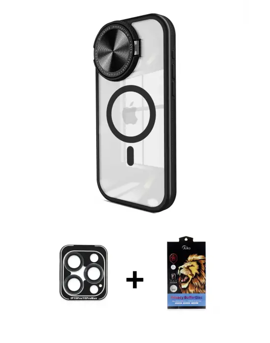 ieg™ iPhone 15 Pro Max Kılıf Kıvılcım Modern Koleksiyonu - Siyah Buffer Hayalet Cam Ekran Koruyucu + PVD Metal Kamera Lens - LT