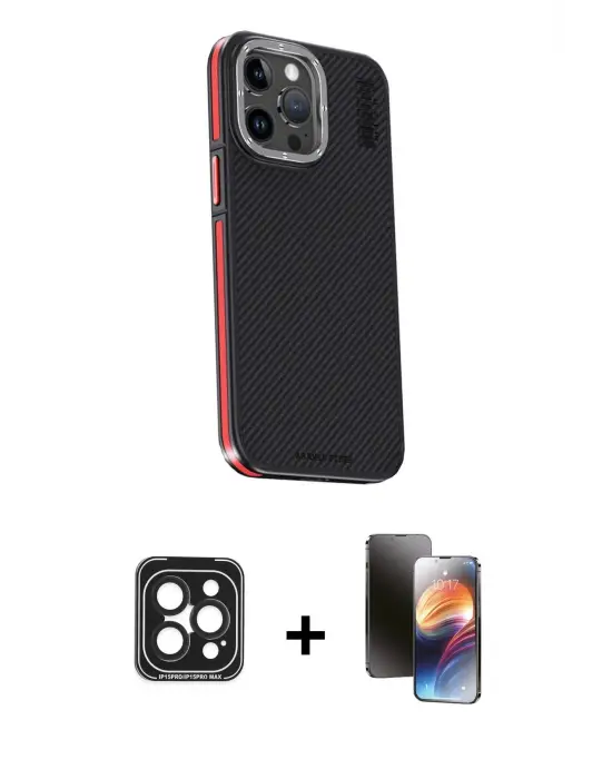 ieg™ iPhone 15 Pro Max Kılıf Kıvılcım Modern Özel Seri - Siyah 3D Antistatik Mat Seramik Nano Ekran Koruyucu + PVD Metal Kamera Lens - SH