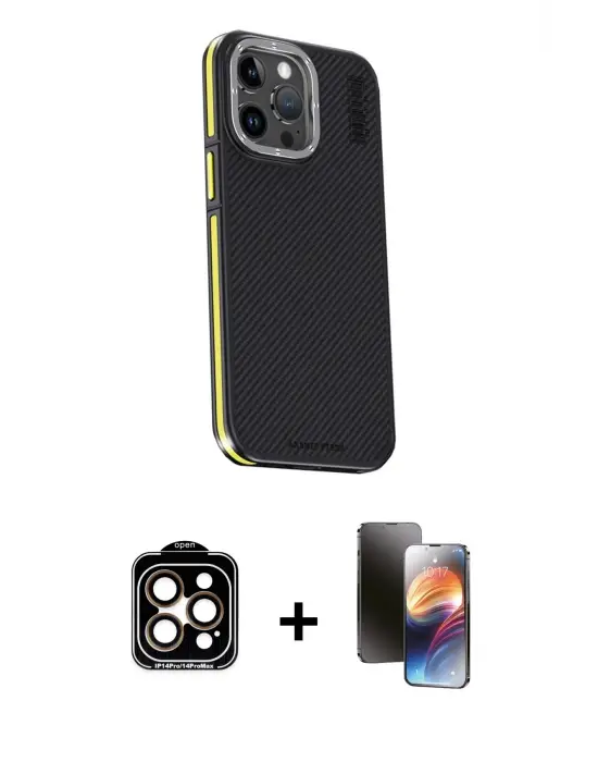 ieg™ iPhone 15 Pro Max Kılıf Kıvılcım Modern Özel Seri - Siyah 3D Antistatik Mat Seramik Nano Ekran Koruyucu + PVD Metal Kamera Lens - TU