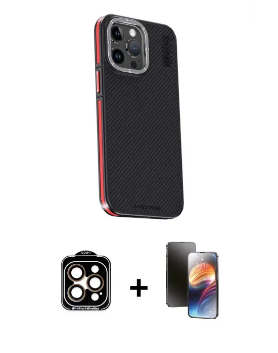 ieg™ iPhone 15 Pro Max Kılıf Kıvılcım Modern Özel Seri - Siyah 3D Antistatik Mat Seramik Nano Ekran Koruyucu + PVD Metal Kamera Lens - TU
