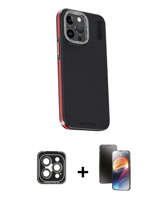 ieg™ iPhone 15 Pro Max Kılıf Kıvılcım Modern Özel Seri - Siyah 3D Antistatik Mat Seramik Nano Ekran Koruyucu + PVD Metal Kamera Lens - GI