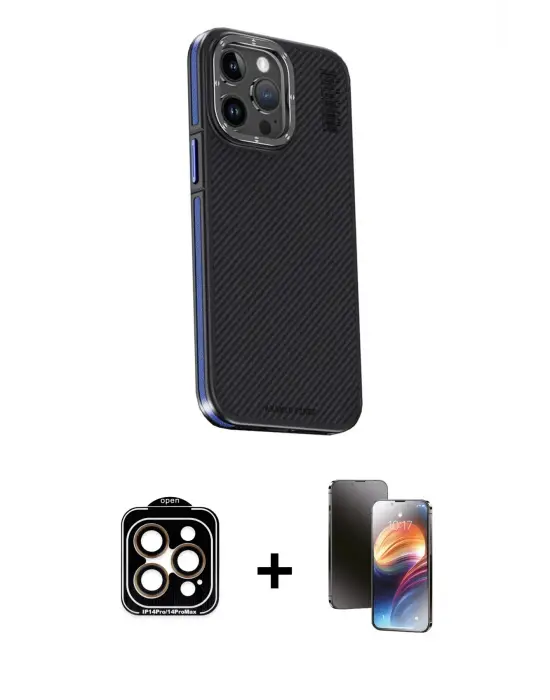 ieg™ iPhone 15 Pro Max Kılıf Kıvılcım Modern Özel Seri - Siyah 3D Antistatik Mat Seramik Nano Ekran Koruyucu + PVD Metal Kamera Lens - TU