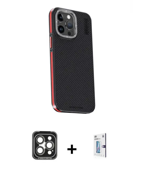 ieg™ iPhone 15 Pro Max Kılıf Kıvılcım Modern Özel Seri - Siyah Bilvis 0.18mm Plus Cam Ekran Koruyucu + PVD Metal Kamera Lens - GI