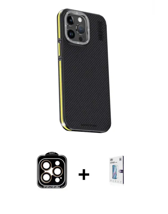 ieg™ iPhone 15 Pro Max Kılıf Kıvılcım Modern Özel Seri - Siyah Bilvis 0.18mm Plus Cam Ekran Koruyucu + PVD Metal Kamera Lens - TU