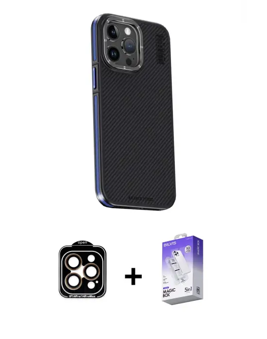 ieg™ iPhone 15 Pro Max Kılıf Kıvılcım Modern Özel Seri - Siyah Bilvis 5in1 3D Magic Cam Ekran Koruyucu + PVD Metal Kamera Lens - TU