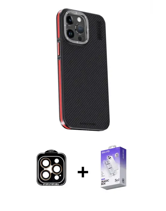 ieg™ iPhone 15 Pro Max Kılıf Kıvılcım Modern Özel Seri - Siyah Bilvis 5in1 3D Magic Cam Ekran Koruyucu + PVD Metal Kamera Lens - TU