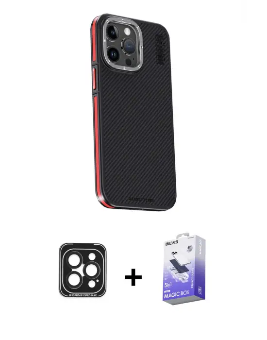 ieg™ iPhone 15 Pro Max Kılıf Kıvılcım Modern Özel Seri - Siyah Bilvis 5in1 5D Magic Hayalet Cam Ekran Koruyucu + PVD Metal Kamera Lens - SH