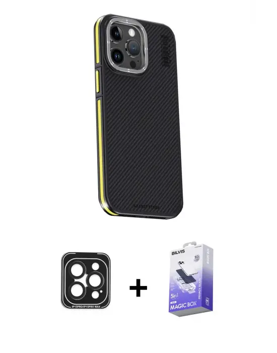 ieg™ iPhone 15 Pro Max Kılıf Kıvılcım Modern Özel Seri - Siyah Bilvis 5in1 5D Magic Hayalet Cam Ekran Koruyucu + PVD Metal Kamera Lens - SH
