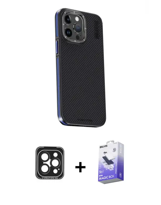 ieg™ iPhone 15 Pro Max Kılıf Kıvılcım Modern Özel Seri - Siyah Bilvis 5in1 5D Magic Hayalet Cam Ekran Koruyucu + PVD Metal Kamera Lens - SH