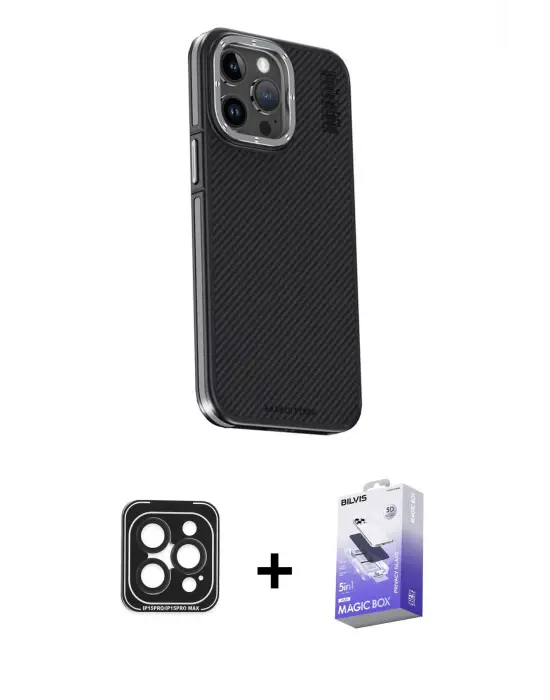 ieg™ iPhone 15 Pro Max Kılıf Kıvılcım Modern Özel Seri - Siyah Bilvis 5in1 5D Magic Hayalet Cam Ekran Koruyucu + PVD Metal Kamera Lens - SH