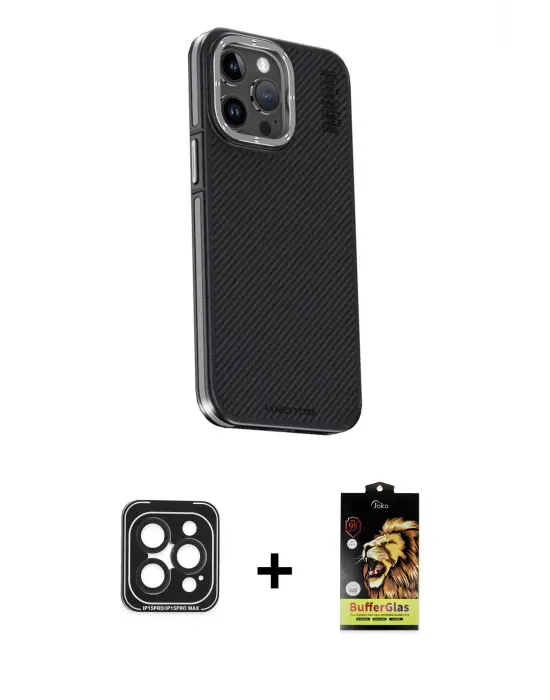 ieg™ iPhone 15 Pro Max Kılıf Kıvılcım Modern Özel Seri - Siyah Buffer Cam Ekran Koruyucu + PVD Metal Kamera Lens - SH