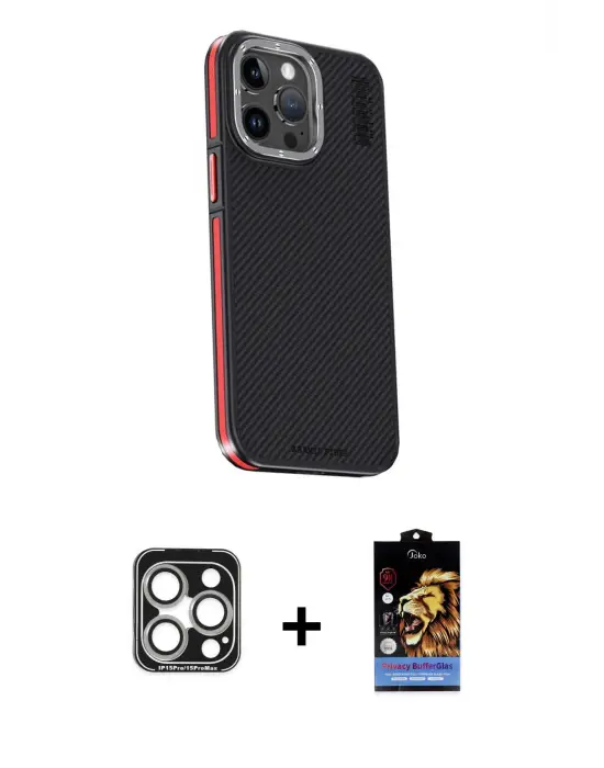 ieg™ iPhone 15 Pro Max Kılıf Kıvılcım Modern Özel Seri - Siyah Buffer Hayalet Cam Ekran Koruyucu + PVD Metal Kamera Lens - GS