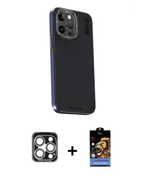 ieg™ iPhone 15 Pro Max Kılıf Kıvılcım Modern Özel Seri - Siyah Buffer Hayalet Cam Ekran Koruyucu + PVD Metal Kamera Lens - GS