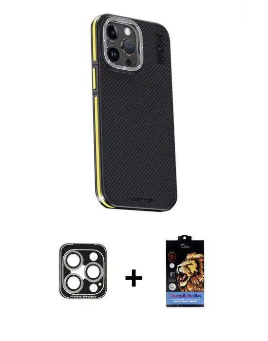 ieg™ iPhone 15 Pro Max Kılıf Kıvılcım Modern Özel Seri - Siyah Buffer Hayalet Cam Ekran Koruyucu + PVD Metal Kamera Lens - GS