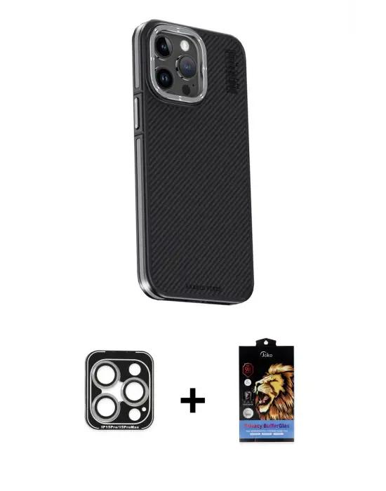 ieg™ iPhone 15 Pro Max Kılıf Kıvılcım Modern Özel Seri - Siyah Buffer Hayalet Cam Ekran Koruyucu + PVD Metal Kamera Lens - GS