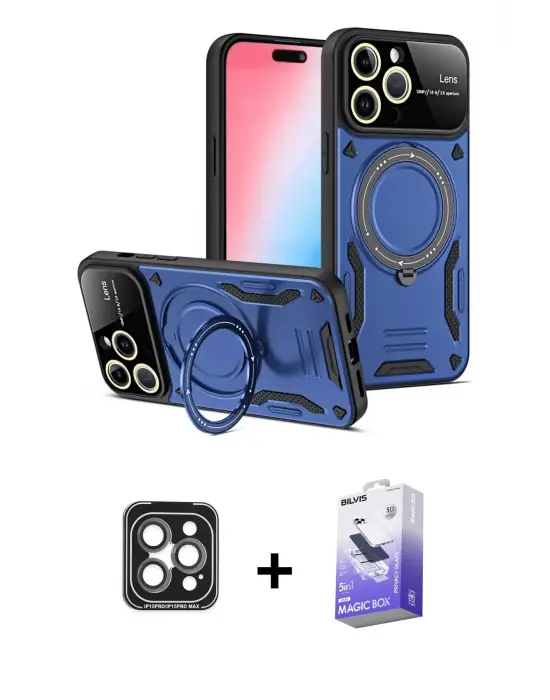 ieg™ iPhone 15 Pro Max Kılıf Kıvılcım Modern Serisi - Siyah Bilvis 5in1 5D Magic Hayalet Cam Ekran Koruyucu + PVD Metal Kamera Lens - GI