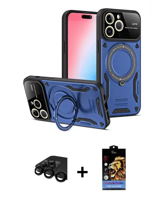 ieg™ iPhone 15 Pro Max Kılıf Kıvılcım Modern Serisi - Siyah Buffer Hayalet Cam Ekran Koruyucu + Raze Metal Kamera Lens - SH