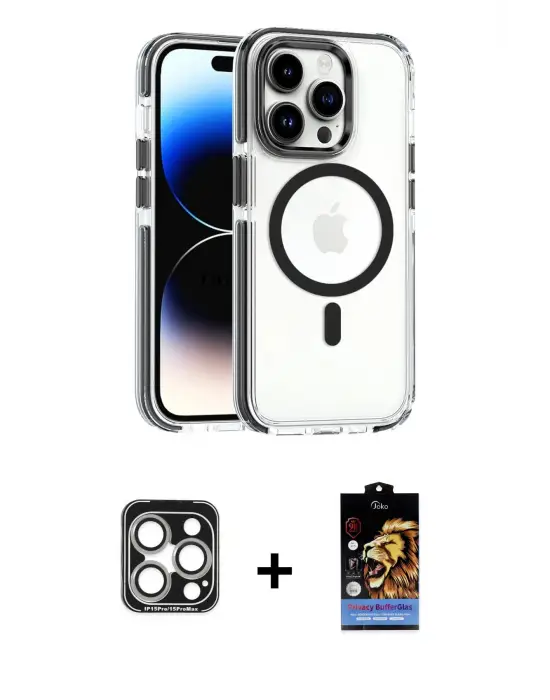 ieg™ iPhone 15 Pro Max Kılıf Kozmos Doku Koleksiyonu - Siyah Buffer Hayalet Cam Ekran Koruyucu + PVD Metal Kamera Lens - GS