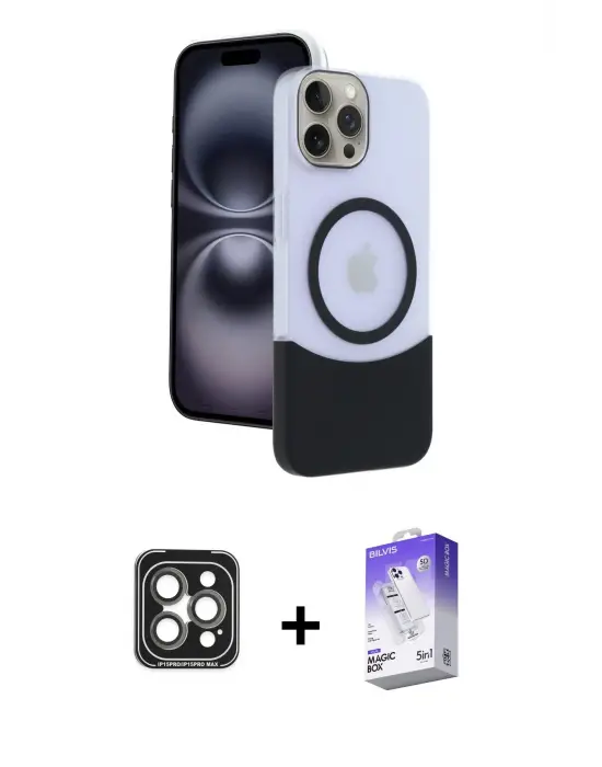 ieg™ iPhone 15 Pro Max Kılıf Kozmos Form Özel Seri - Siyah Bilvis 5in1 3D Magic Cam Ekran Koruyucu + PVD Metal Kamera Lens - GI