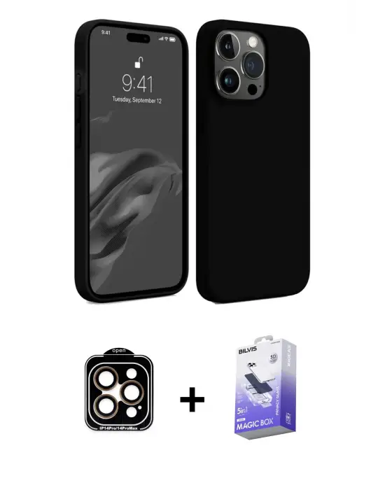 ieg™ iPhone 15 Pro Max Kılıf Kozmos Yansıma Özel Seri - Siyah Bilvis 5in1 5D Magic Hayalet Cam Ekran Koruyucu + PVD Metal Kamera Lens - TU