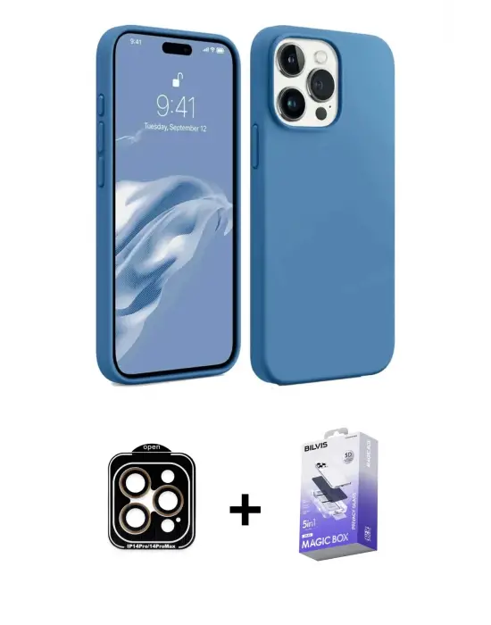 ieg™ iPhone 15 Pro Max Kılıf Kozmos Yansıma Özel Seri - Siyah Bilvis 5in1 5D Magic Hayalet Cam Ekran Koruyucu + PVD Metal Kamera Lens - TU