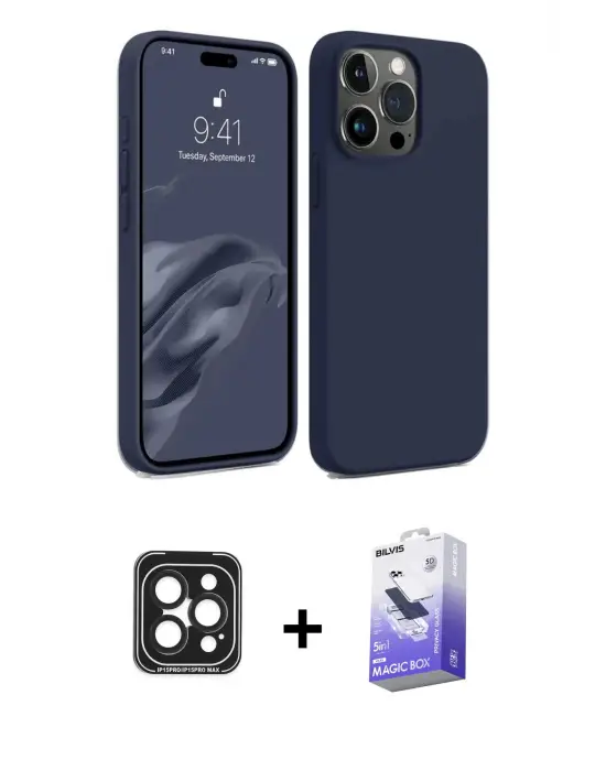 ieg™ iPhone 15 Pro Max Kılıf Kozmos Yansıma Özel Seri - Siyah Bilvis 5in1 5D Magic Hayalet Cam Ekran Koruyucu + PVD Metal Kamera Lens - SH