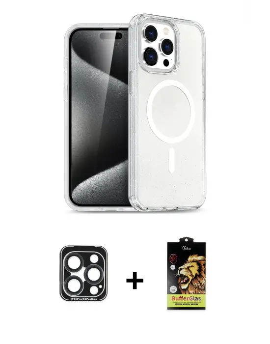 ieg™ iPhone 15 Pro Max Kılıf Nova Asil Prime - Siyah Buffer Cam Ekran Koruyucu + PVD Metal Kamera Lens - LT