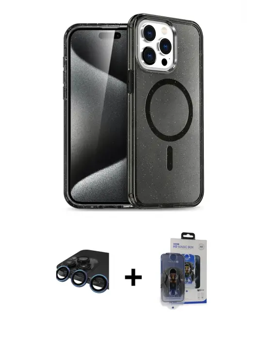 ieg™ iPhone 15 Pro Max Kılıf Nova Asil Prime - Siyah Vanessa Magic Cam + Raze Metal Kamera Lens - LT